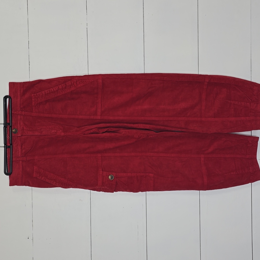 Anthropologie Red Velour High-Rise Tapered Cargo Pants